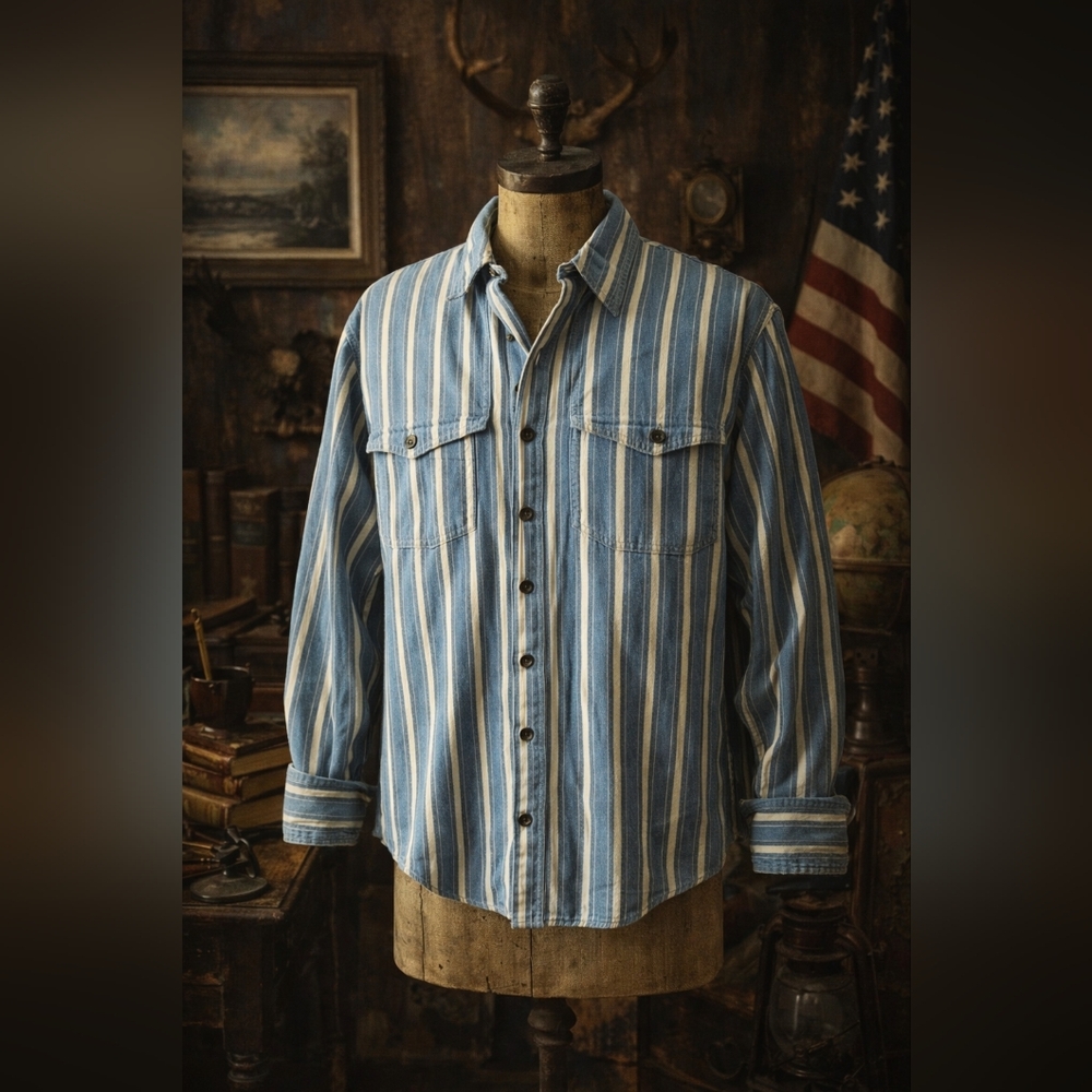Vintage Frontier Rider Western Shirt Blue Stripe Cowboy Shirt Made in USA 60/70s